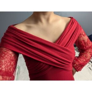 ❤️ MODA International Bodycon Lace Sleeve Off The Shoulder Red Dress XS